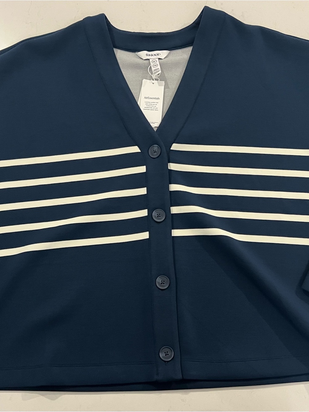 SPANX Women’s Navy Cardigan with White Stripe Bands